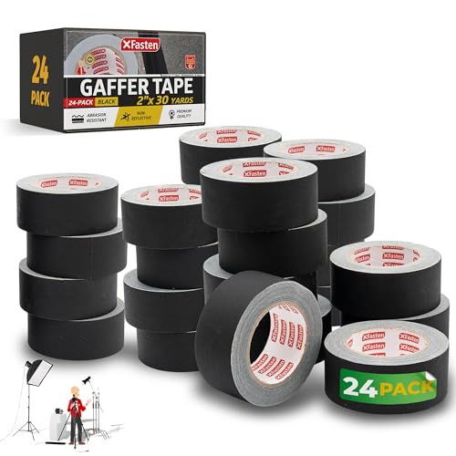 XFasten Black Gaffers 테이프 5.1cm(2인치) x 27.4m(30야드) (24팩, 658.4m(250피트), 잔여물 없는 매트 블랙 개퍼 테이프, 5.1cm(2인치) 무반사 찢어짐 방지 전기 코드용 바닥 테이프 - color: 블랙., size: 2 inch x 30 yards (24 packs)