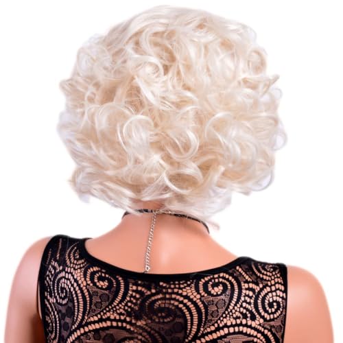 12" Short Big Curly Wavy Wigs for Women Cosplay Layered Platinum Blonde Wig | Halloween Costume Set with Platinum Blonde Wig+Stud Earrings+White Gloves Accessories Coser Party Prom Synthetic Hair - color: Platinum Blond+Set
