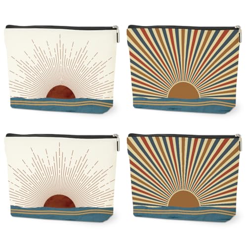 4PCS Sunshine Makeup Bag, Boho Gifts for Women, Natural Linen Zipper Pouch | Sunlight Rays Nature Best Sunshine Gifts for Girls Sister Travel Boho Cosmetic Bag - color: Multicolor 0096