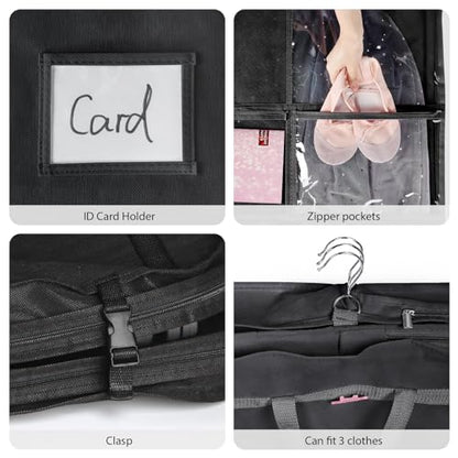 Univivi 40 Inch Dance Costume Garment Bags for Dancers, Black | Breathable Non-Woven Fabric, Clear Zip Pockets, 1 Pendant & 3 Badges, Foldable Hanging Dance Garment Bag for Travel