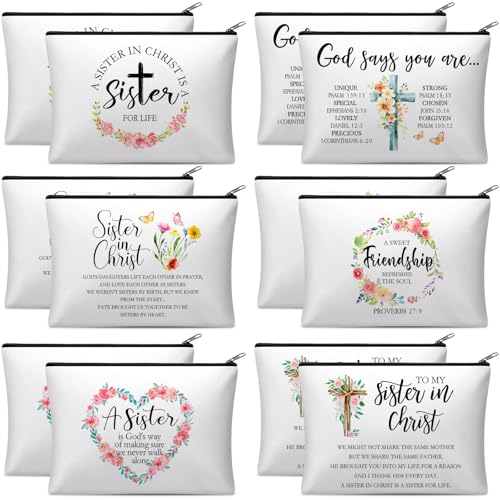 Reginary 12 Pieces Sisters in Christ Makeup Bags Christian Gifts for Women Christian Secret Sister Cosmetic Bags Inspirational Religious Valentine Mother's Day Birthday Gift for Best Friends - style: Sisters in Christ