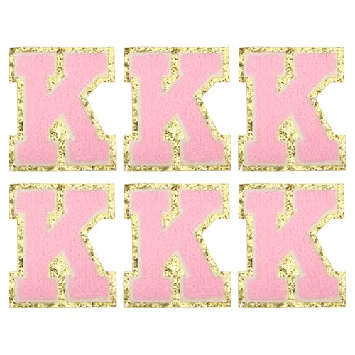 MECCANIXITY Chenille Letter Patches 3.1" Alphabet K Iron on Embroidered Patch Sew on Letter Stickers Applique for Repairing Clothing Jeans Shoes Hats DIY(Pink, Pack of 6) - style: Letter-K