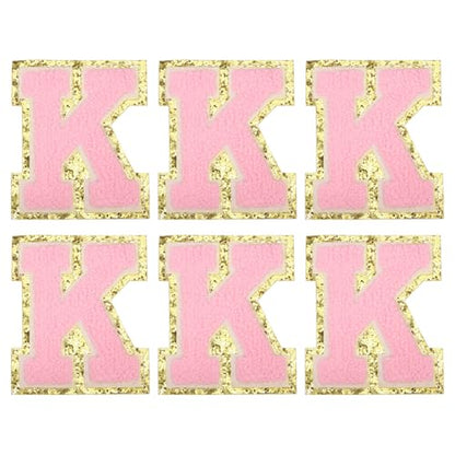 MECCANIXITY Chenille Letter Patches 3.1" Alphabet K Iron on Embroidered Patch Sew on Letter Stickers Applique for Repairing Clothing Jeans Shoes Hats DIY(Pink, Pack of 6) - style: Letter-K