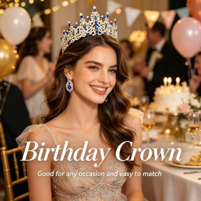 Tiaras Crowns for Women,Wedding Jewelry Set, Tiaras Necklace Earrings Crystal Bridal Wedding Jewelry Sets for Brides Bridesmaid Prom Costume Accessories - color: Gold Blue