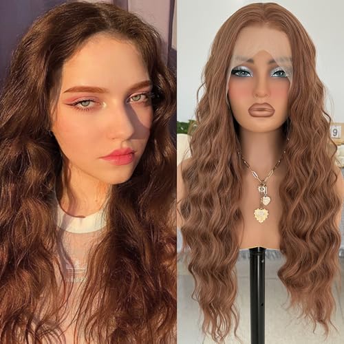 RONGDUOYI 30 Brown Synthetic Lace Front Wigs for Women 13x4 Long Deep Wave Wig Middle Part Natural Hairline Daily Wear Cosplay 24Inch - color: 30 Brown NC2