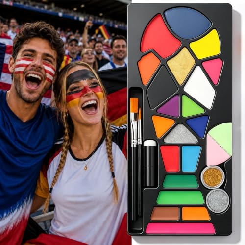 Face Painting Kit, 20 Colors Washable Face Paint with Glitter and Brushes, Game Day Makeup for Parties, Birthdays, Halloween