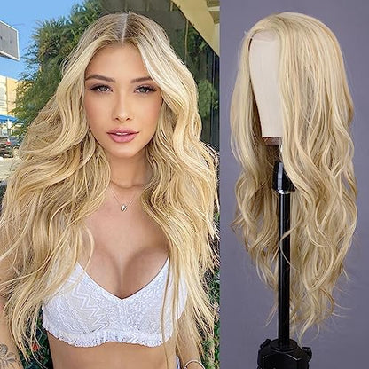 Aida ble Long Wavy Blonde Wig for Women 26 Inch Middle Part Synthetic Wig | Natural Looking Heat Resistant Hair,Suit for Daily Wear,Party,Halloween and Cosplay,Beginner-friendly,Lightweight and soft - color: Blonde