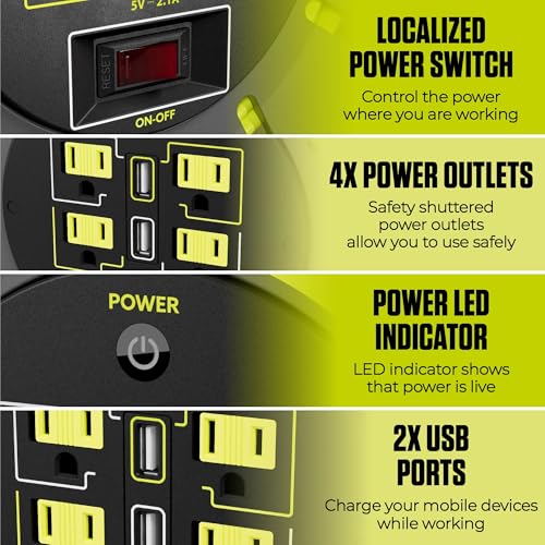 Masterplug 50ft Cord Reel, Retractable Extension Lead with Winding Handle, Safety Overload Circuit Breaker and Power Switch, 4X Grounded Outlets, 2X USB Ports, 13amps, 14AWG Cable - size: 50ft, style: 14 AWG