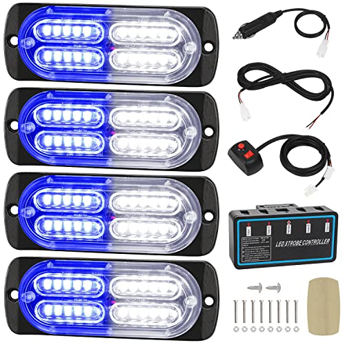 LINKITOM 4pcs Ultra Slim LED Strobe Lights w/Controller, Blue/White - color: Blue&White