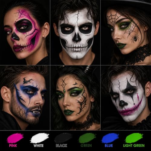 SUNNYVALE 6pcs of Black, White, Blue, Pink, Green And Light Green Facial and Body Painting Sticks, Hypoallergenic Foundation, Suitable for Skull Gothic, Gothic Vampire, Cosplay Halloween Makeup Kit - color: White Black Blue Pink Green LightGreen
