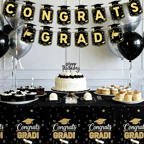 Graduation Table Cover 54x108 Inches, Black Gold Party Tablecloth for Food Table, Gift Table, Graduation Decor - style: Black Gold Tablecloth
