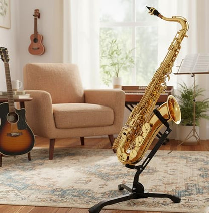 Alto Tenor Saxophone Stand, Foldable Portable Metal Holder | Heavy duty black metal construction, foldable compact design, reliable floor holder for alto and tenor saxophones - size: S