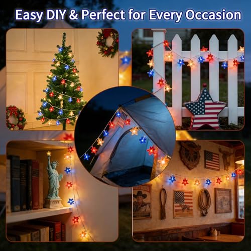 Red White Blue Patriotic String Lights 20FT 40 LED Star Fairy Lights USB and Battery Operated 2 Lighting Modes IP42 Waterproof Indoor Outdoor All Season Americana Decor for Bedroom Desk Patio Camping - style: 4th of July Lights