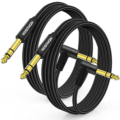 HOSONGIN 1/4 Inch TRS Instrument Cable 6.6 feet 2-Pack, Straight-to-Right Angle 6.35mm Male Stereo Audio Cord, Balanced Interconnect Line for Electric Guitar, Bass, Keyboard, Mixer, Amplifier, Speaker - size: 6.6 Feet, style: 1/4" TRS Stereo Cable