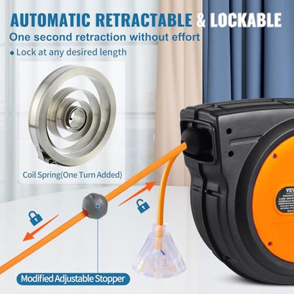 VEVOR Retractable Extension Cord Reel, 80 FT, Heavy Duty 12AWG/3C SJTOW Retractable Power Cord with Lighted Triple Tap Outlet, 15 Amp Circuit Breaker 180° Swivel Bracket for Ceiling or Wall Mount | 15A Circuit Breaker, with Lighted Triple Tap Outlet, 180°