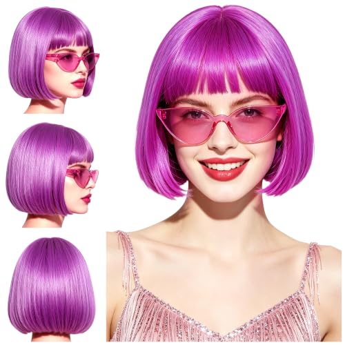 Short Bob Straight Hair Wigs with Bangs, Synthetic Fiber Colorful Hair, Cat Eye Glasses for Women (Purple) - color: Purple