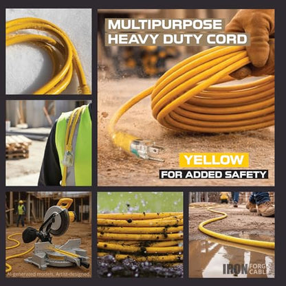 Iron Forge Cable 50 Foot Lighted Outdoor Extension Cord with 3 Electrical Power Outlets - 12/3 SJTW Heavy Duty Yellow Extension Cable with 3 Prong Grounded Plug for Safety, 15 AMP - size: 50 ft