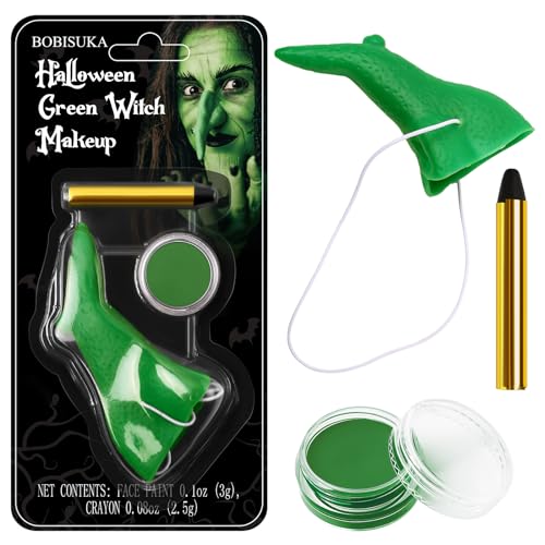 Green Face Paint with Fake Nose Witch Makeup Kit Halloween Character Set for Kids Adults, Safe Non-Toxic Cream Face Painting Kit for Stage, Costume Party, Dress Up Cosplay & Special FX Make-Up - color: Witch