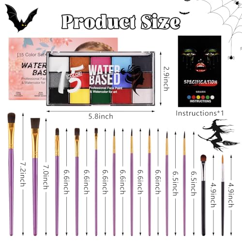 Face & Body Paint Palette Kit 15 Colors Painting Palettes Makeup Kit Water Based Palette Rainbow Face Paint Halloween Makeup Kits with 10pcs Artist Brush for Halloween Cosplay Gay Pride Day - color: 5