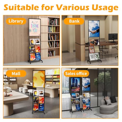 lesolar 4-Tier Floor-Standing Magazine Rack with Poster Board Stand | Metal Magazine Rack with Wheels, Newspaper Holder, Brochure Display Stand, Poster Sign Holder for Exhibitions Store Business