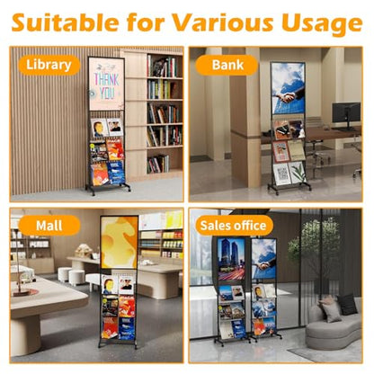 lesolar 4-Tier Floor-Standing Magazine Rack with Poster Board Stand | Metal Magazine Rack with Wheels, Newspaper Holder, Brochure Display Stand, Poster Sign Holder for Exhibitions Store Business