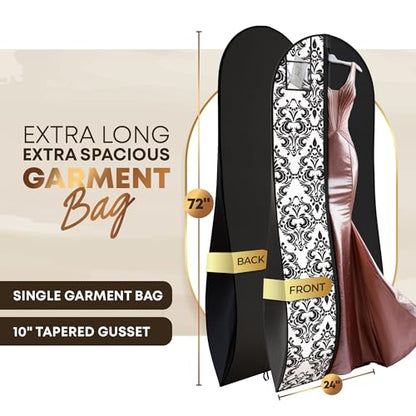 Your Bags Women’s Dress and Gown Garment Bag -72”x24” and 10” Tapered Gusset Prom Bags (Black and White Demask) - color: Black and White Demask
