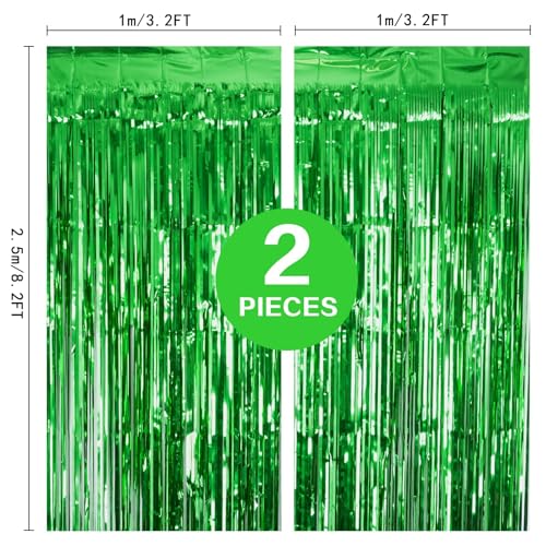 PIGETALE 2 Pack 3.2Ft x 8.2Ft Green Tinsel Curtain Party Backdrop | Metallic Tinsel Foil Fringe Curtains Photo Booth Props Background Christmas St Patrick’s Day Safari Tropical Decorations - color: Metallic Gren