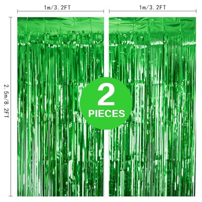 PIGETALE 2 Pack 3.2Ft x 8.2Ft Green Tinsel Curtain Party Backdrop | Metallic Tinsel Foil Fringe Curtains Photo Booth Props Background Christmas St Patrick’s Day Safari Tropical Decorations - color: Metallic Gren
