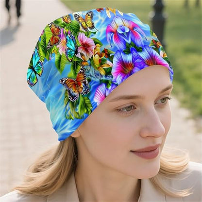 Art Owl Women's Slouchy Beanie Hat Cute Turban Hats Cancer Headwear Caps Baggy Skull Sleep Scarf - color: Colorful Flowers Butterflies