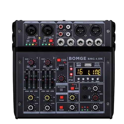 BOMGE 04M Audio Mixer, Sound Board Mixing Console with 4 Channel Digital USB Bluetooth 24 Sound Effect, Input 48V Phantom Power Stereo DJ Mixers for Recording, Live Streaming, Podcasting,Gaming