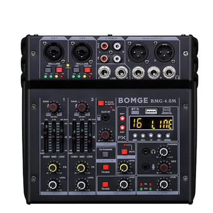 BOMGE 04M Audio Mixer, Sound Board Mixing Console with 4 Channel Digital USB Bluetooth 24 Sound Effect, Input 48V Phantom Power Stereo DJ Mixers for Recording, Live Streaming, Podcasting,Gaming