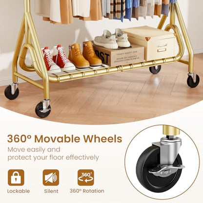 Double Rods Clothing Rack, Heavy Duty Clothes Rack for Hanging Clothes Load 560LBS, Metal Rolling Garment Racks with Wheels, Freestanding Clothes Hanging Racks, Gold - color: Gold, size: Double Rods