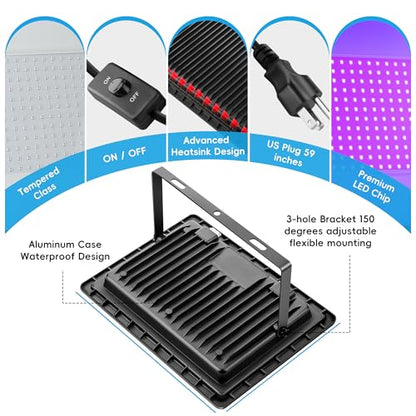 200W LED Black Lights,Black Flood Light Outdoor with Plug and Switch, IP66 Waterproof 395nm Blacklight Neon Glow for Glow Party, Halloween, Fluorescent Poster, Body Paint (4 Pack) - size: 395nm-200w