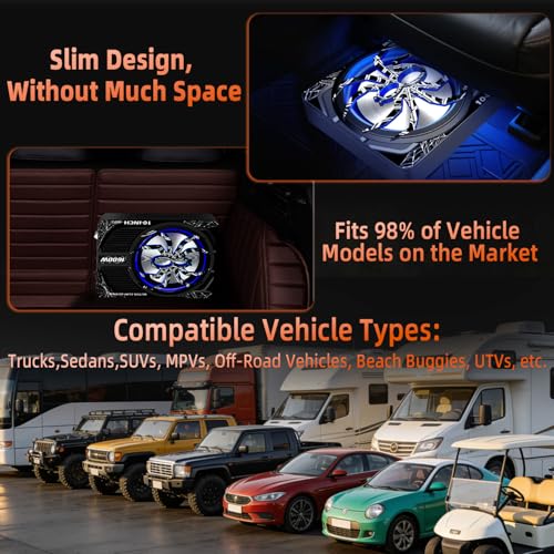 Upgraded 10 Inch 1600W Under Seat Subwoofer with Amp, Powered Slim Sub, Blue LED Ambient Light, (LPF/Gain/Bass Boost) Independent Bass Knob, Car Audio Subwoofer Package for Truck SUV Jeep MPV