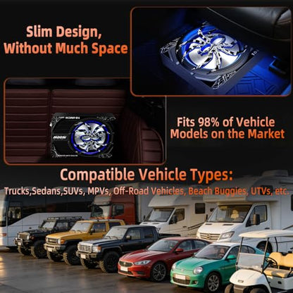 Upgraded 10 Inch 1600W Under Seat Subwoofer with Amp, Powered Slim Sub, Blue LED Ambient Light, (LPF/Gain/Bass Boost) Independent Bass Knob, Car Audio Subwoofer Package for Truck SUV Jeep MPV