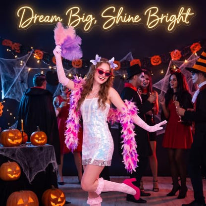 Huwena 8 Pcs Feather Boa Costume Accessory Set for Women Halloween Costume | Pink Feather Boa Pearl Necklace Sunglasses Lace Gloves Socks Butterfly Clips for Cosplay Party Wedding Tea
