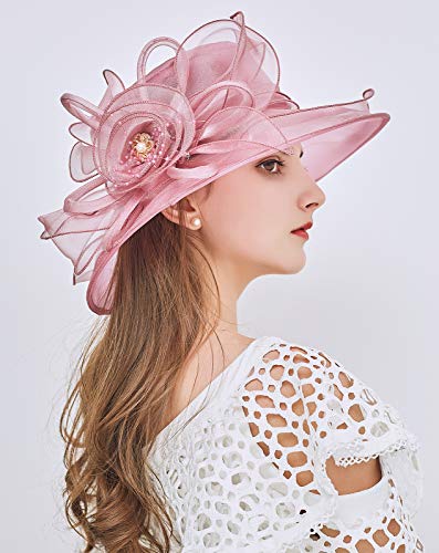 Women Derby Fascinator Hat Organza Church Wedding Hats Wide Brim Cocktail Tea Party Hat - color: 08 Pink