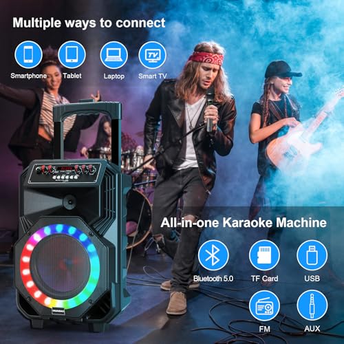 Karaoke Machine with 2 Wireless Microphones, Rolling Wheels and Trolley | 8800mAh Portable Bluetooth Speaker, PA System with Lights, Adjustable Bass/Treble/Echo for Parties, Indoor and Outdoor Use