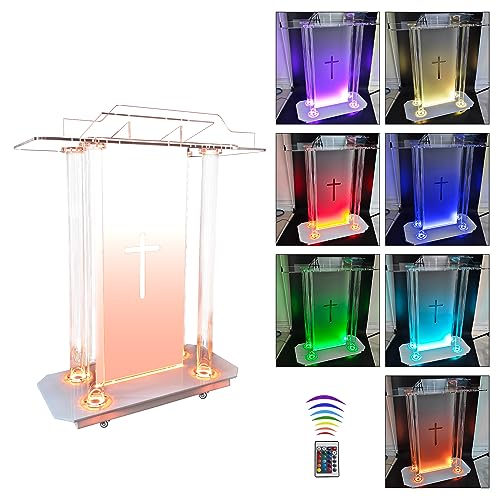 Church Pulpit with Hollow Cross Design,Church Podium,Acrylic Podium with Wheels& Vertical Reading Platform, 46”Transparent Lecterns for Churches,Classroom and Weeding - style: StyleB