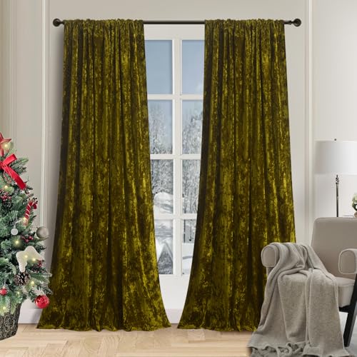 Lux Moss Green Crushed Velvet Curtains 2 Panel Set - 96 inches Long Room Darkening Luxury Distressed Velvet Rod Pocket Window Drapes for Living Room Bedroom 52" W x 96" L - color: Moss Green, size: 52"W x 96"L (Pack of 2)