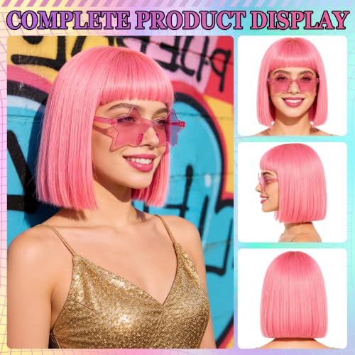 Short Bob Straight Hair Wigs with Bangs, Heat Resistant Fiber Hair, Star-shaped Glasses for Women (Pink) - color: Pink