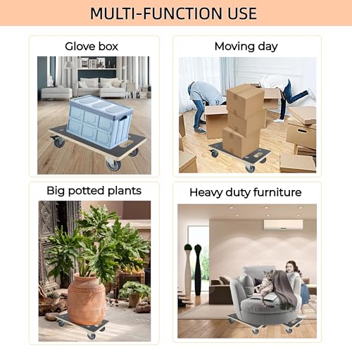 Furniture Dolly 4 Wheels, Furniture Movers, 2 Packs 2200 lb Load Capacity Heavy Duty Wood Dolly, Multifunctional Moving Dolly with 4 Soft Rubber Silent Wheels （2 with Brake+ 2 Without） - size: Rectangle Furniture Dolly with TPR Brake Wheels