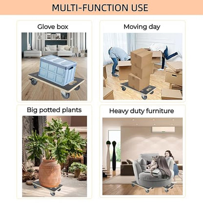 Furniture Dolly 4 Wheels, Furniture Movers, 2 Packs 2200 lb Load Capacity Heavy Duty Wood Dolly, Multifunctional Moving Dolly with 4 Soft Rubber Silent Wheels （2 with Brake+ 2 Without） - size: Rectangle Furniture Dolly with TPR Brake Wheels
