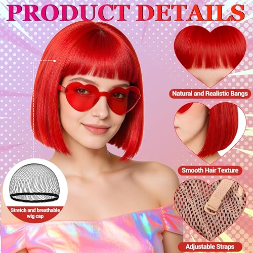 Short Bob Straight Hair Wigs with Bangs, Heat Resistant Fiber Hair, Heart-shaped Glasses for Women (Red) - color: Red