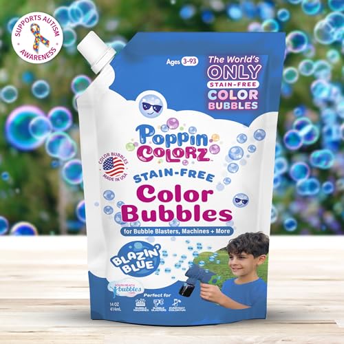 PoppinColorz Blazin' Blue Stain-Free Color Bubbles Refill, 14 oz Non Toxic Bubbles & Bubble Solution for Bubble Machines, Blasters & Guns, Kids Parties, Baby Showers & Boy Gender Reveals, Ages 3+ - color: Blue