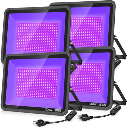 YANYCN 500W 4 Pack LED Black Light,Black Flood Light Outdoor with Plug and Switch, IP66 Waterproof 395nm to 405nm LED UV Blacklight Neon Glow for Glow Party, Halloween, Fluorescent Poster, Body Paint - size: 4pack 500W led black light