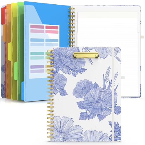 Sooez Spiral Clipboard Folio, Clipboards with Storage, Refillable Notepad | Clipboard Folder with 10 Storage Pockets for Letter Size, Spiral Clipboard Notebook, Cute Portfolio for School Office Nursing - color: Floral - Blue