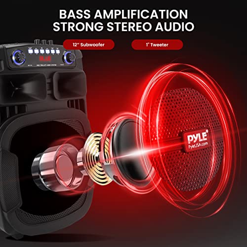 Pyle Portable Bluetooth PA Speaker System - 800W 12 Inch Outdoor Speaker with Built-In Party Lights - USB/SD Card Reader, FM Radio, Extendable Handle w/ Wheels - Includes Wired Microphone & Remote - size: 12 inches