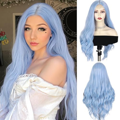 Quantum Love Long Curly Blue Wig for Women Light Blue Long Wavy Wigs 28 Inch Natural Looking Synthetic Fashion Color Hair for Cosplay Halloween Daily Party Use - color: Light Blue