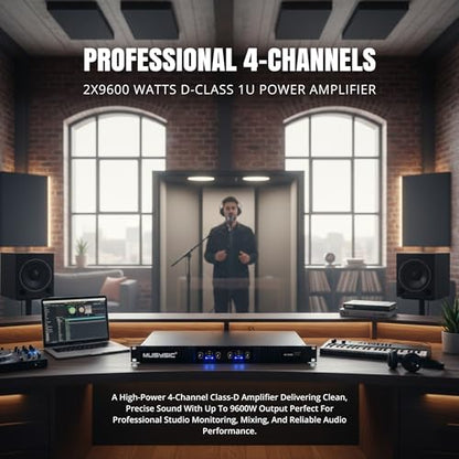 MUSYSIC Professional 4-Channel Amplifier – 2x9600 Watts D-Class 1U Power Amp MU-D9600 High Performance Amplifier with Stereo & Bridge Power for Professional Use in Concerts & Functions and at Home | 1U Power Amp High Performance Amplifier with Stereo & Br